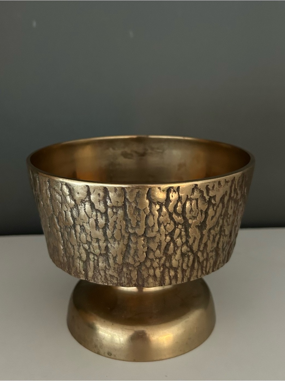 Vintage Korean Brass Pedestal Bowl With Bark Texture Design